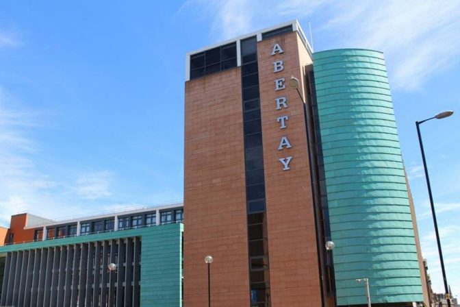 Abertay University - UK blue sky with ground view of whole university. ARSA Study VISA Consultants in Lahore.