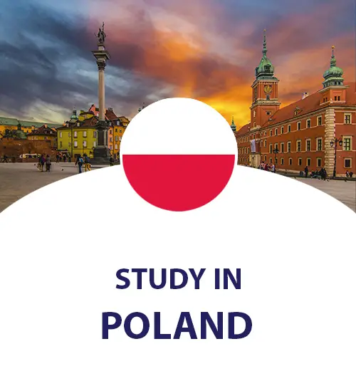 Study in Poland for Pakistani Students. Poland flag and background Poland scene.