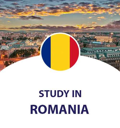 Study in Romania for Pakistani Students. Romania flag and background Romania scene.