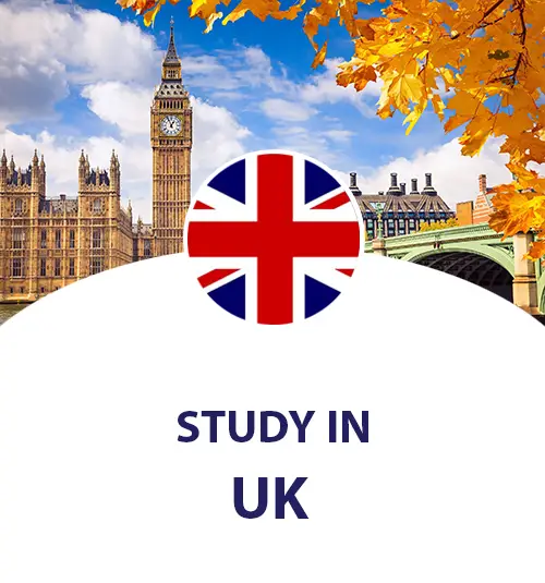 Study in UK United Kingdom for Pakistani Students. UK flag and background London tower scene.