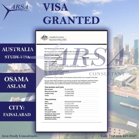 Congratulations Osama Aslam on getting Australia Study VISA.