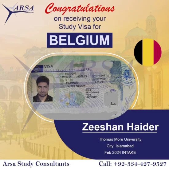 Congratulation Zeeshan Haider For Getting Belgium Study VISA 2024 By ARSA Study VISA Consultants