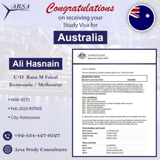 Congratulation Ali Hasnain For Getting Australia Study VISA 2024 By ARSA Study VISA Consultants