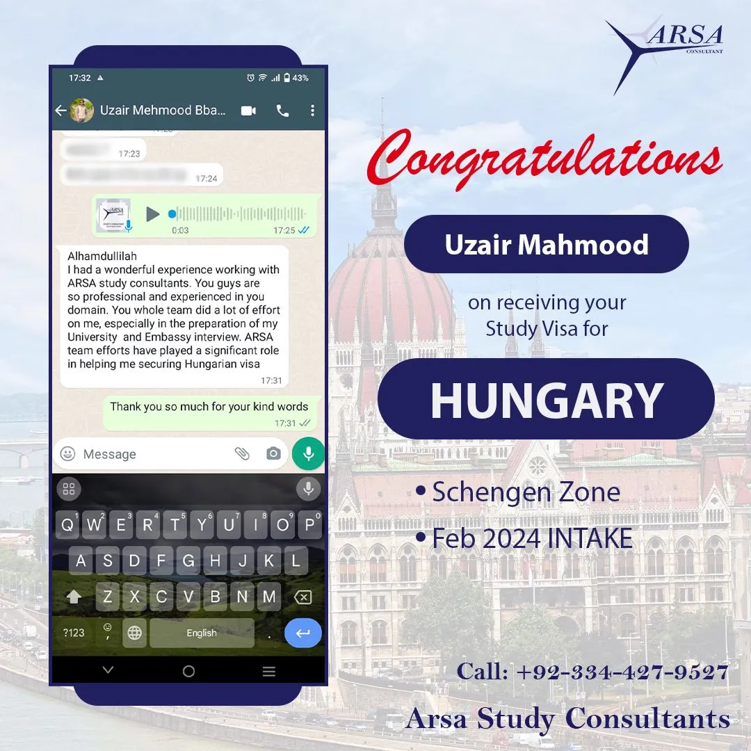 Congratulation Uzair Mahmood For Getting Hungary Study VISA 2024 By ARSA Study VISA Consultants